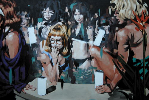 Expressive contemporary figurative painting depicting a group of women at a nightlife scene or party, rendered with loose gestural brushwork.