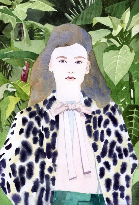 A watercolor fashion portrait of a figure with long dark hair and pale skin, wearing a spotted leopard-print coat over a light striped shirt with a bow tie.